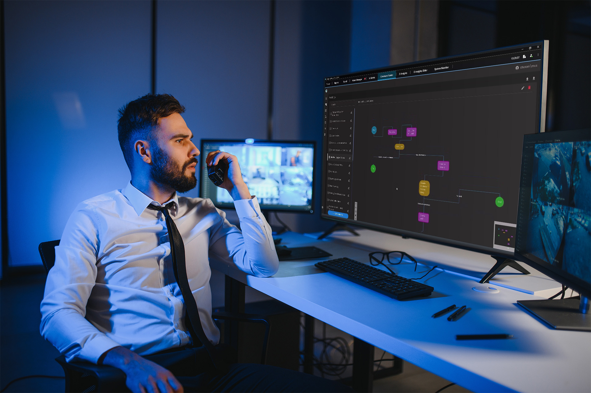 Security System CCTV Monitor Room. Man Using Walkie Talkie